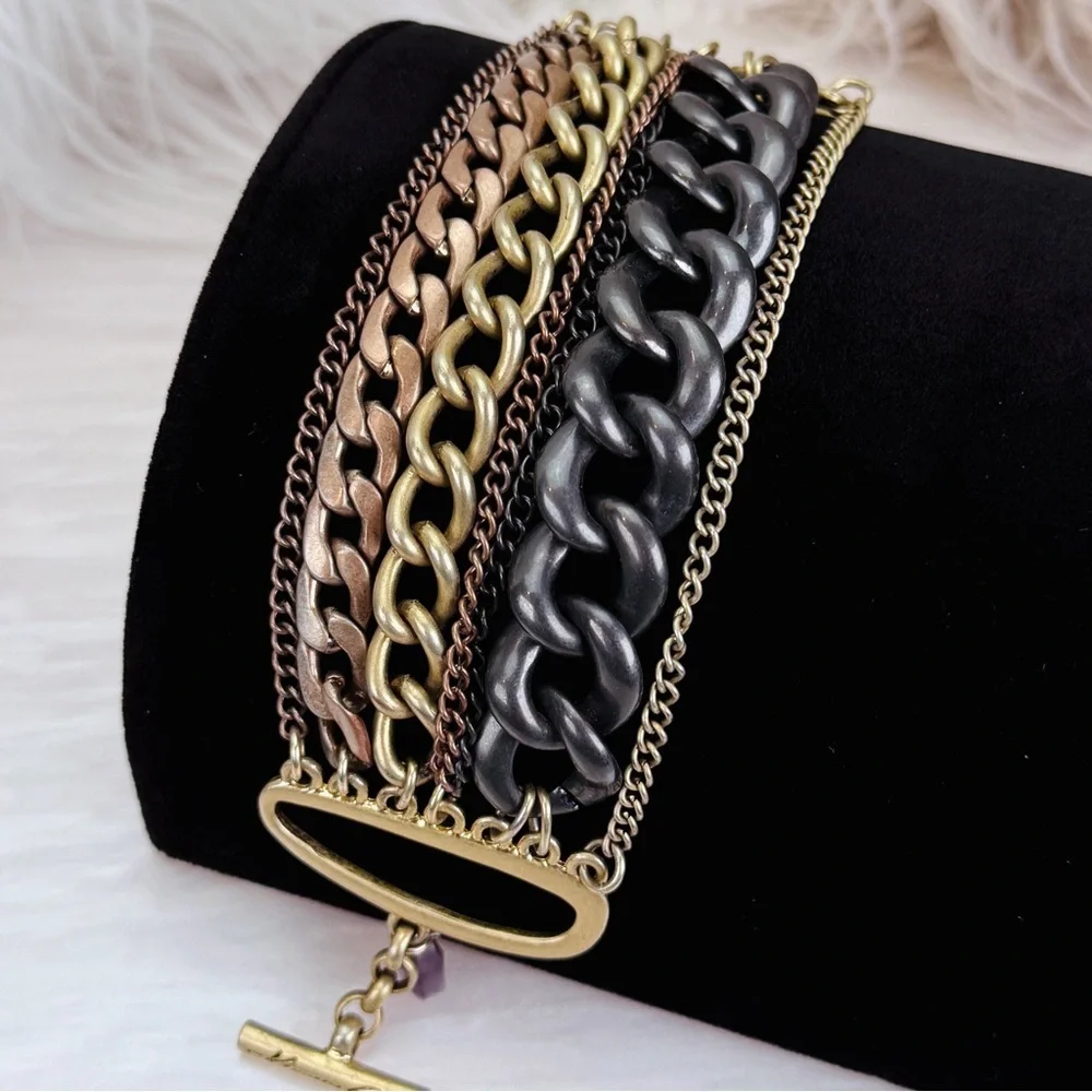 Beautiful, brushed brass tone, multi chain, wide toggle bracelet, costume